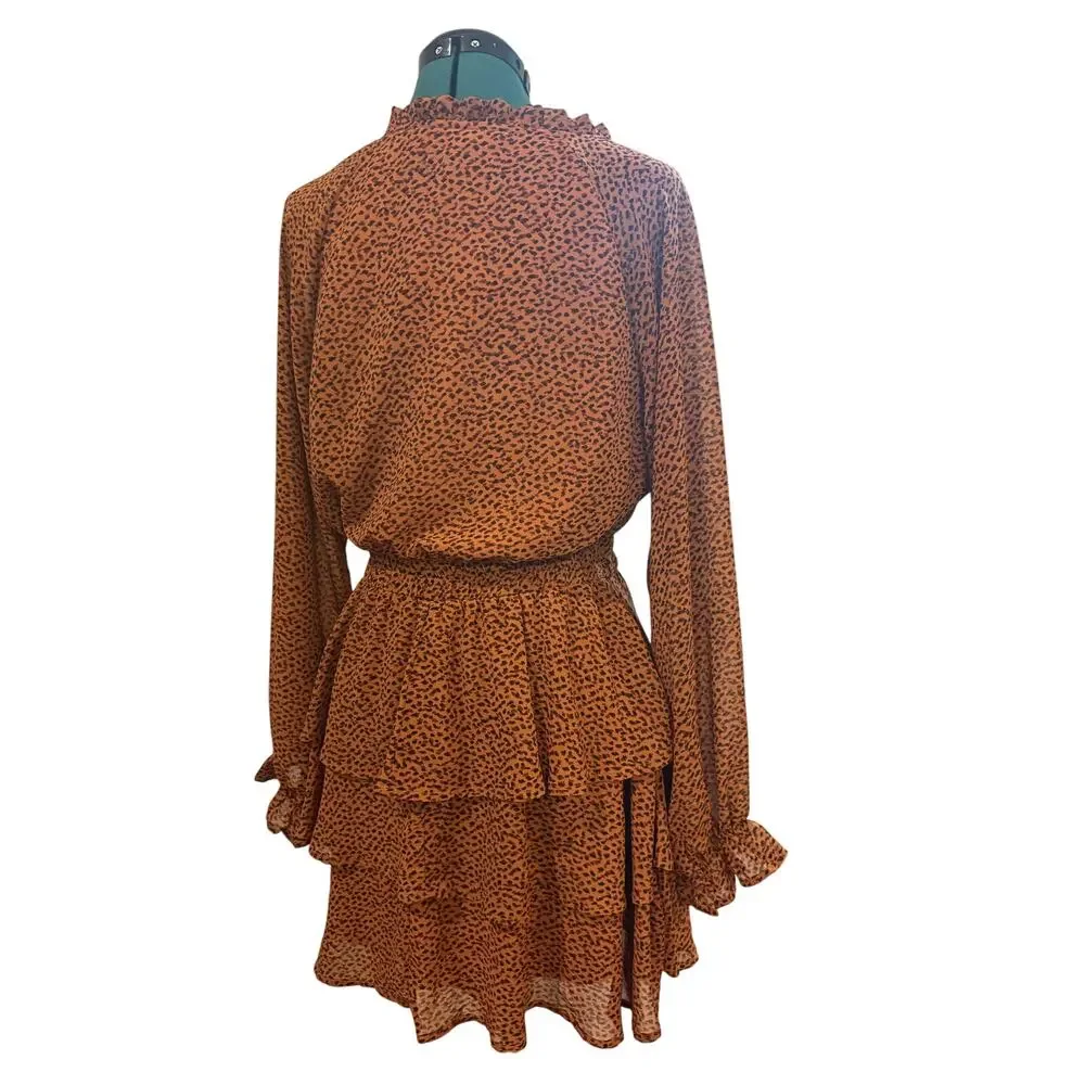 Glam Rust Leopard Print Ruffle Tiered Long Sleeve Mini Dress Smocked Waist L EUC